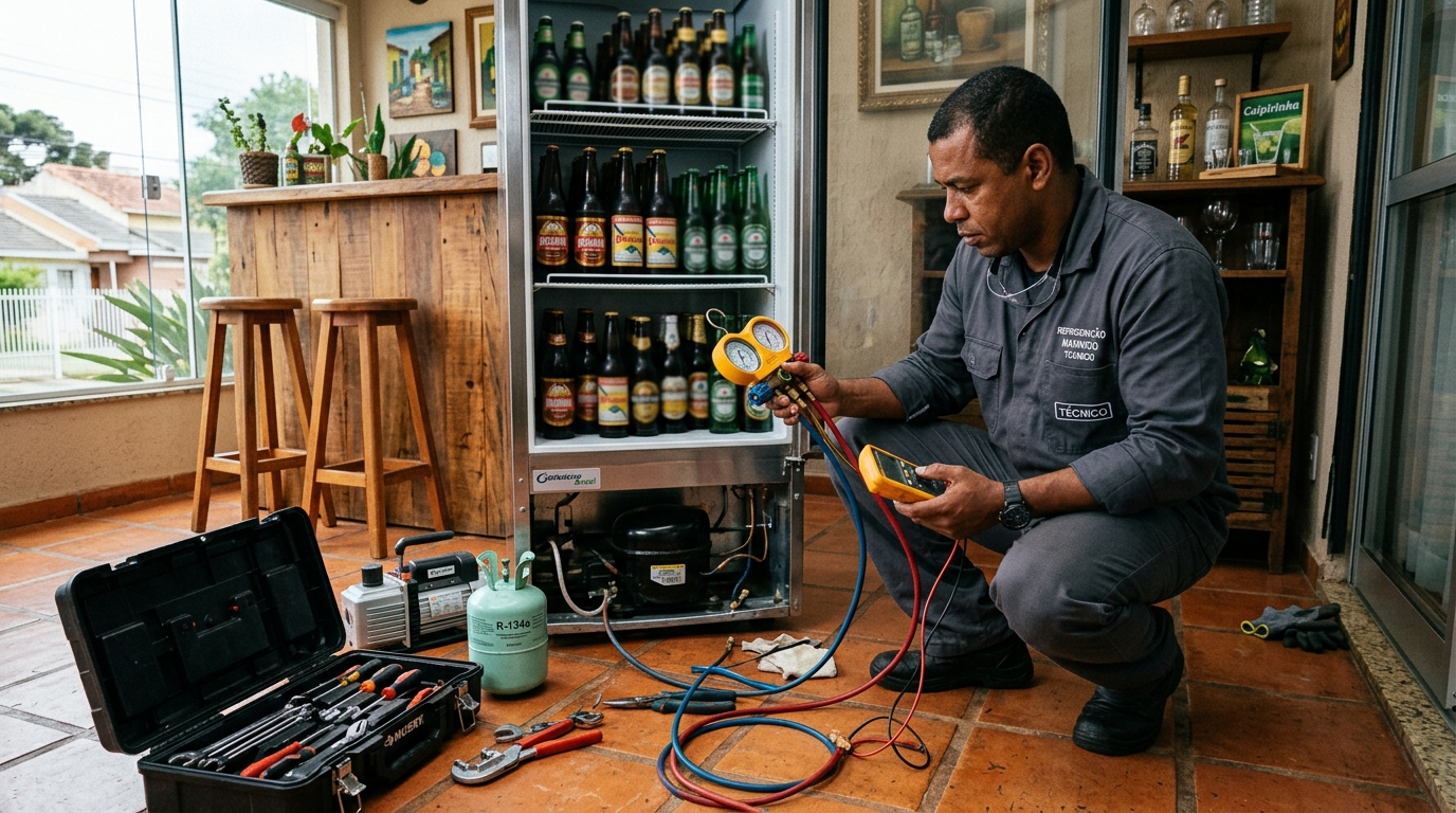 Profissional executando reparo no motor de cervejeira em Brasília‑DF