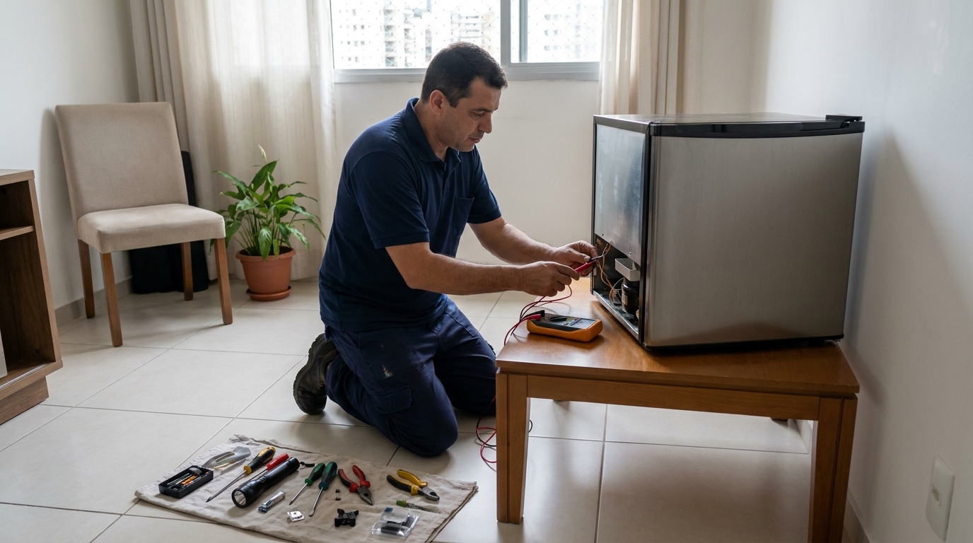 Técnico fazendo manutenção do motor de frigobar em Brasília‑DF